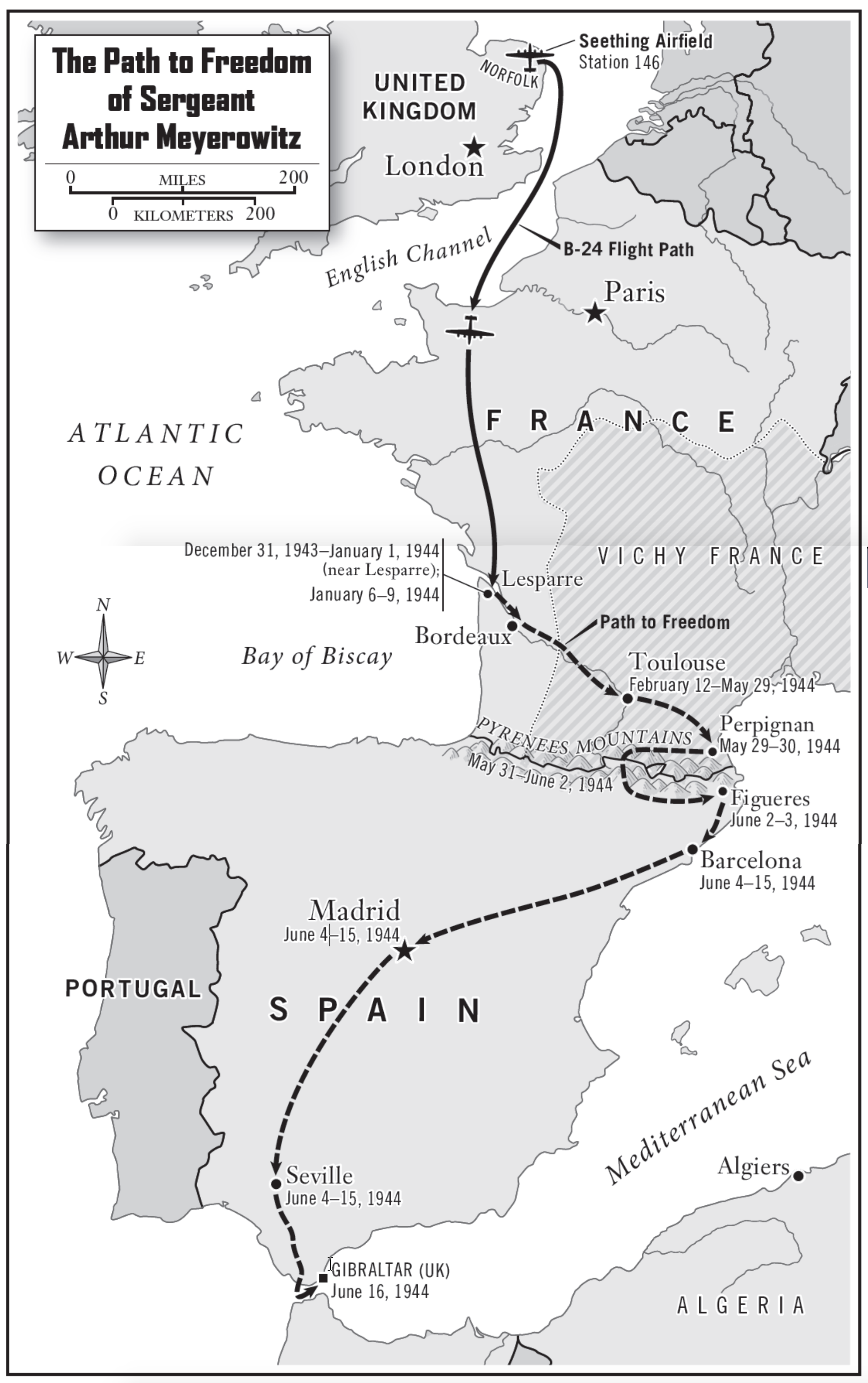 Map showing the path to freedom of Sergeant Arthur Meyerowitz, from England through France and Spain to Gibraltar